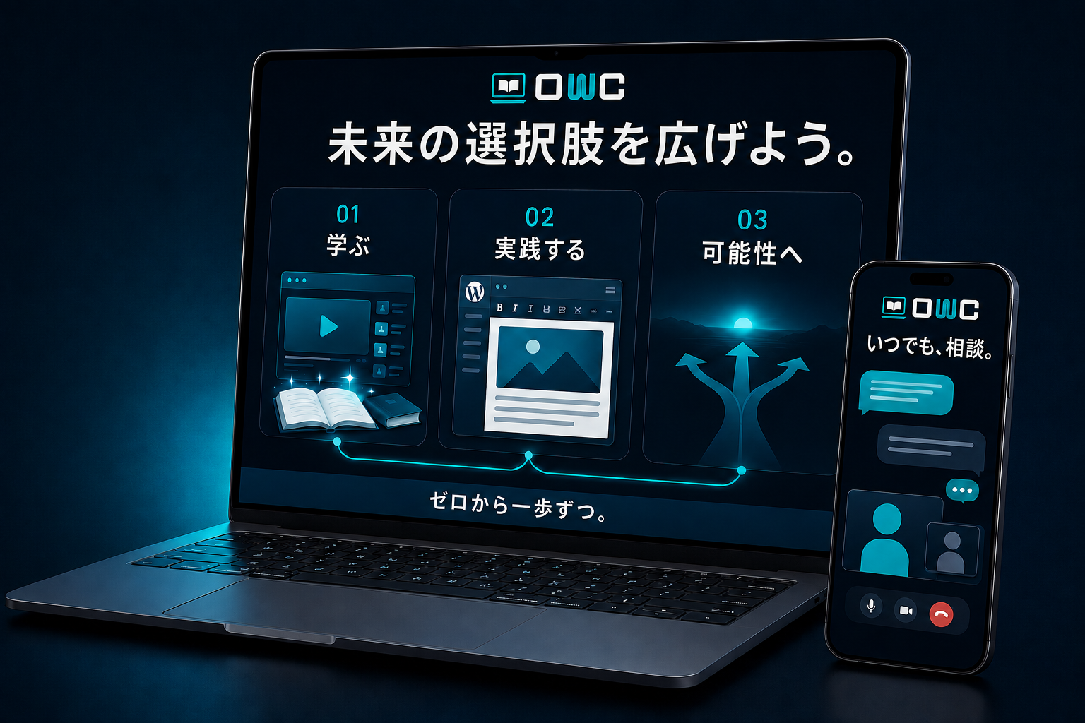 AIとWebを学ぶ、WordPressで実践する、未来の可能性を広げる3ステップと相談のイメージ