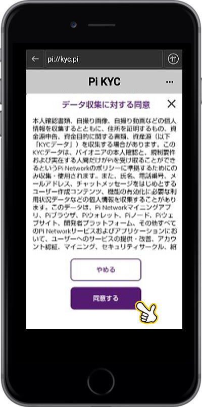 データー収集に対する同意：「同意する」をクリック