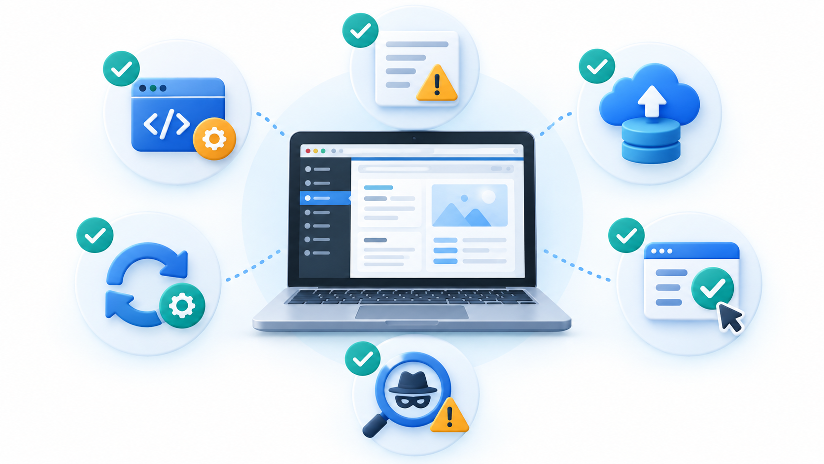 WordPress運営者がPHP更新、バックアップ、表示確認など6項目を点検するイメージ